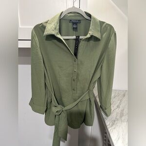 NYCC Women’s Olive Green Button-Down Shirt with Waist Tie